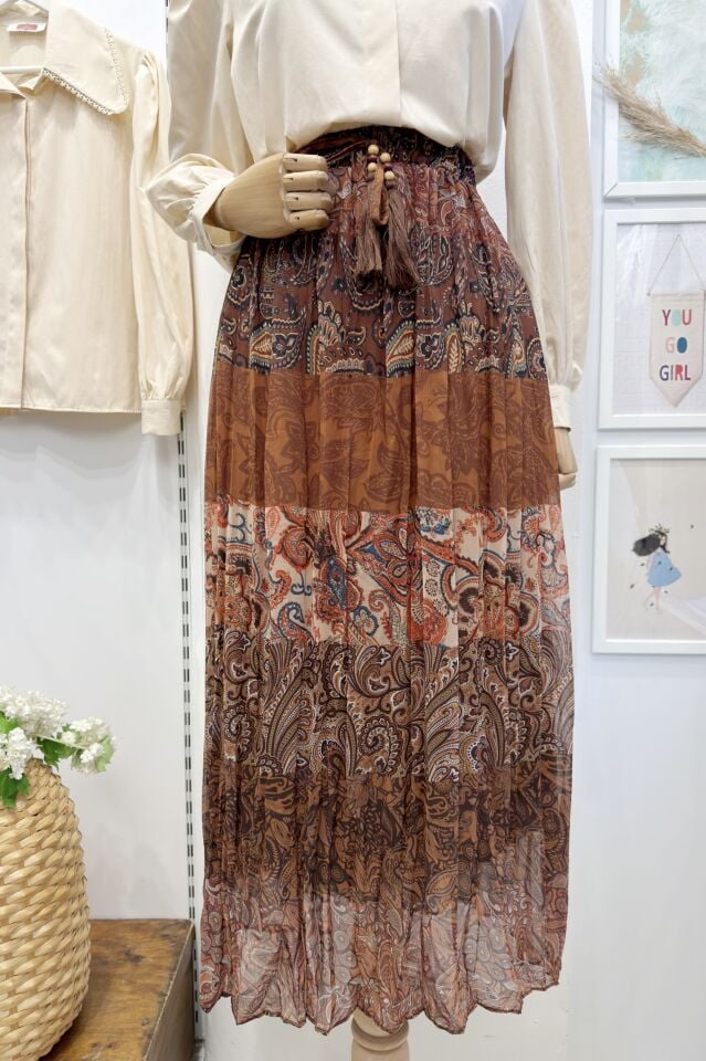 Kiremit Etnik Desenli Şifon Etek