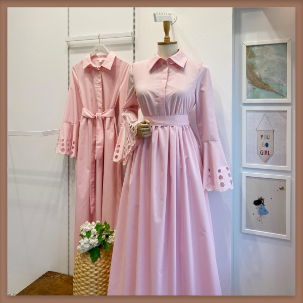 Pembe İspanyol Kol Promesse Poplin Elbise