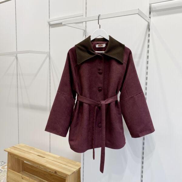 Mürdüm Kuşaklı Süet Ceket