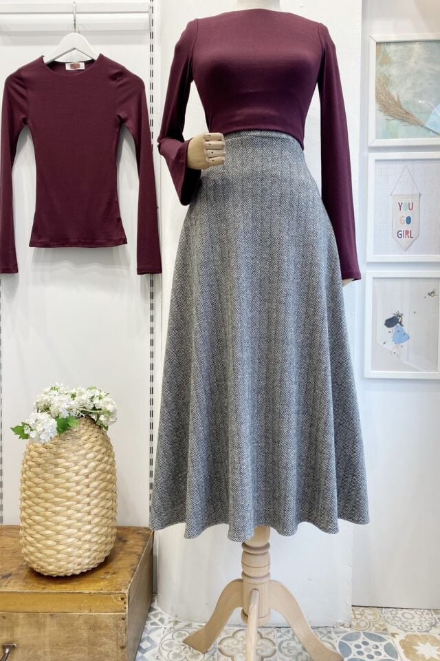 Gri Kazayağı Desenli Ether Etek