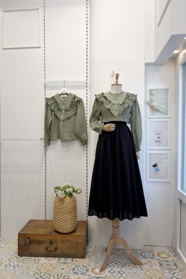 Yeşil Pötikare Desenli Gofre Gömlek