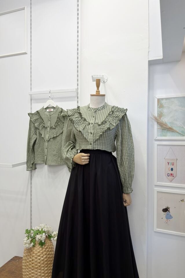 Yeşil Pötikare Desenli Gofre Gömlek