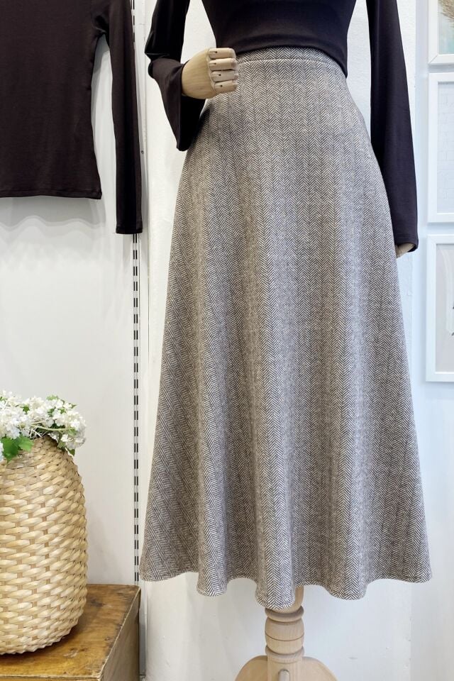 Kahverengi Kazayağı Desenli Ether Etek