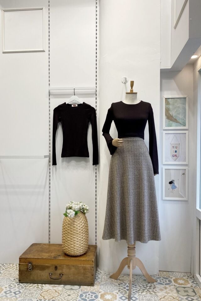 Kahverengi Kazayağı Desenli Ether Etek