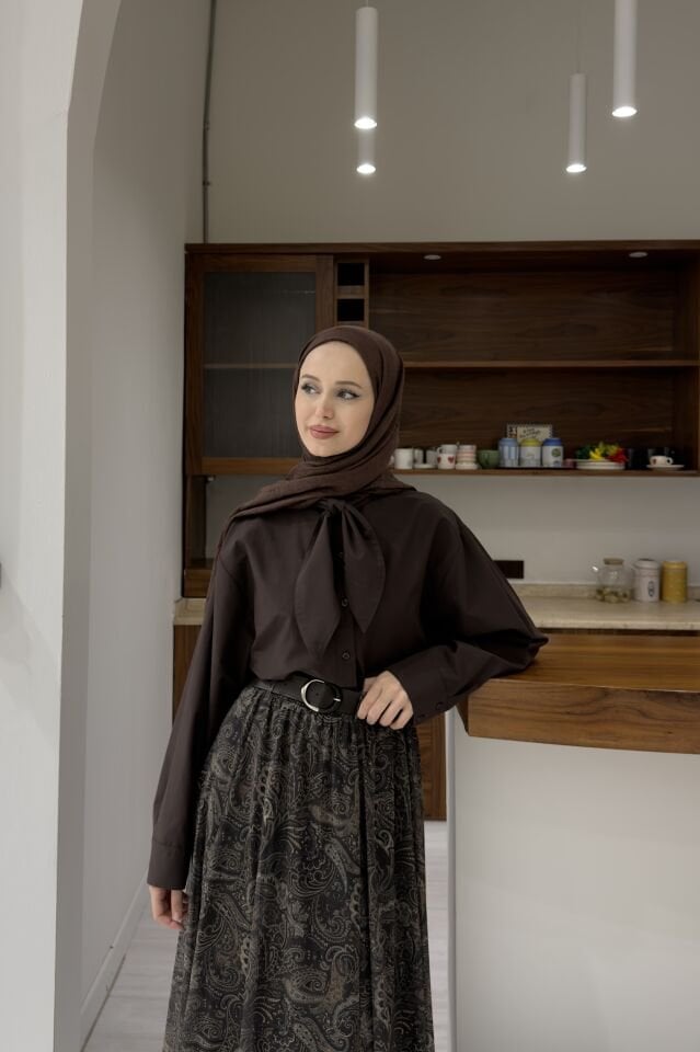 Acı Kahve Fular Detaylı Poplin Gömlek