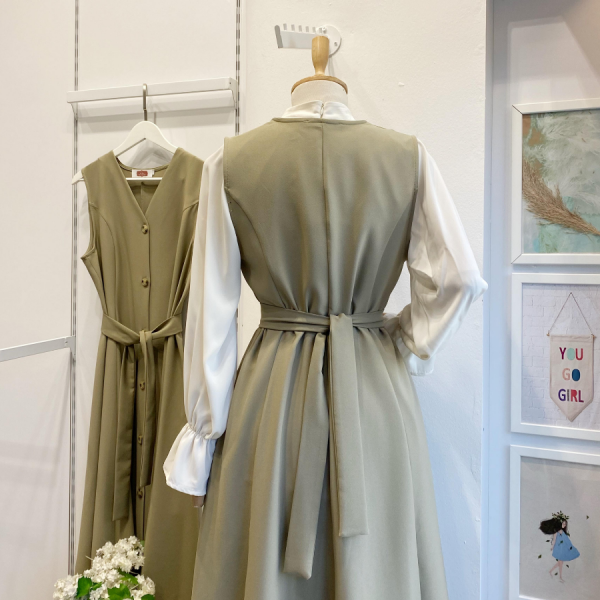 Çağla Yeşili Önü Düğmeli Double Crep Jile