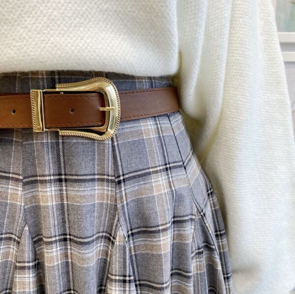 Gri Deri Kemerli Ekoseli Grazia Etek