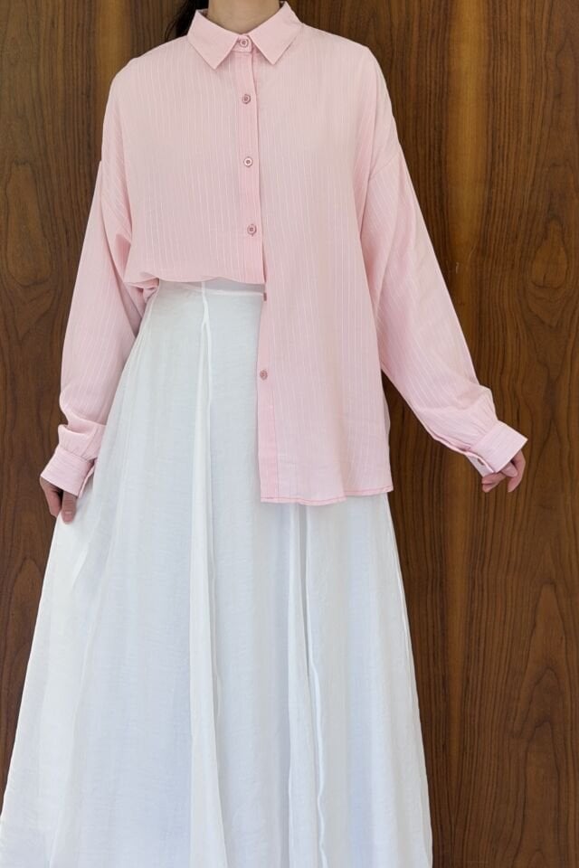 Pembe Oversize Keten Solvena Gömlek
