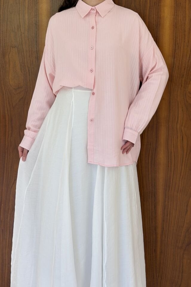 Pembe Oversize Keten Solvena Gömlek
