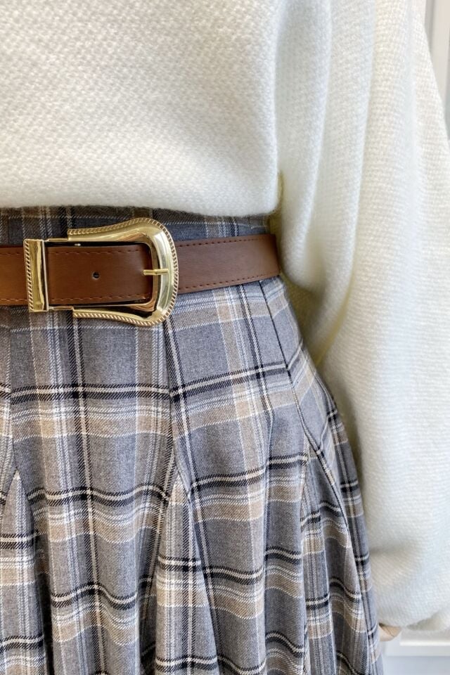 Gri Deri Kemerli Ekoseli Grazia Etek