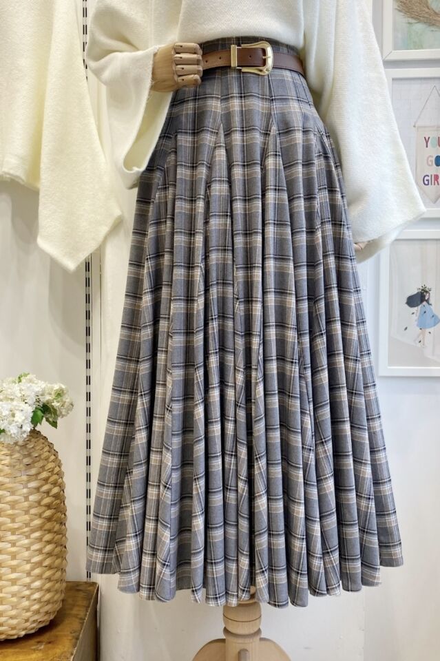 Gri Deri Kemerli Ekoseli Grazia Etek