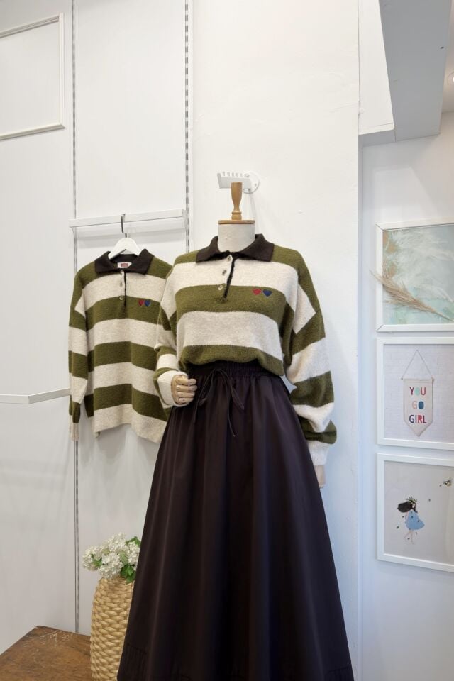 Kalp Motifli Yeşil Çizgili Kazak