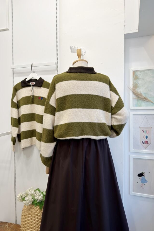 Kalp Motifli Yeşil Çizgili Kazak