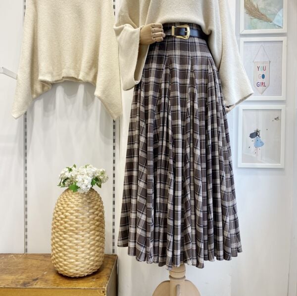 Acı Kahve Deri Kemerli Ekoseli Grazia Etek