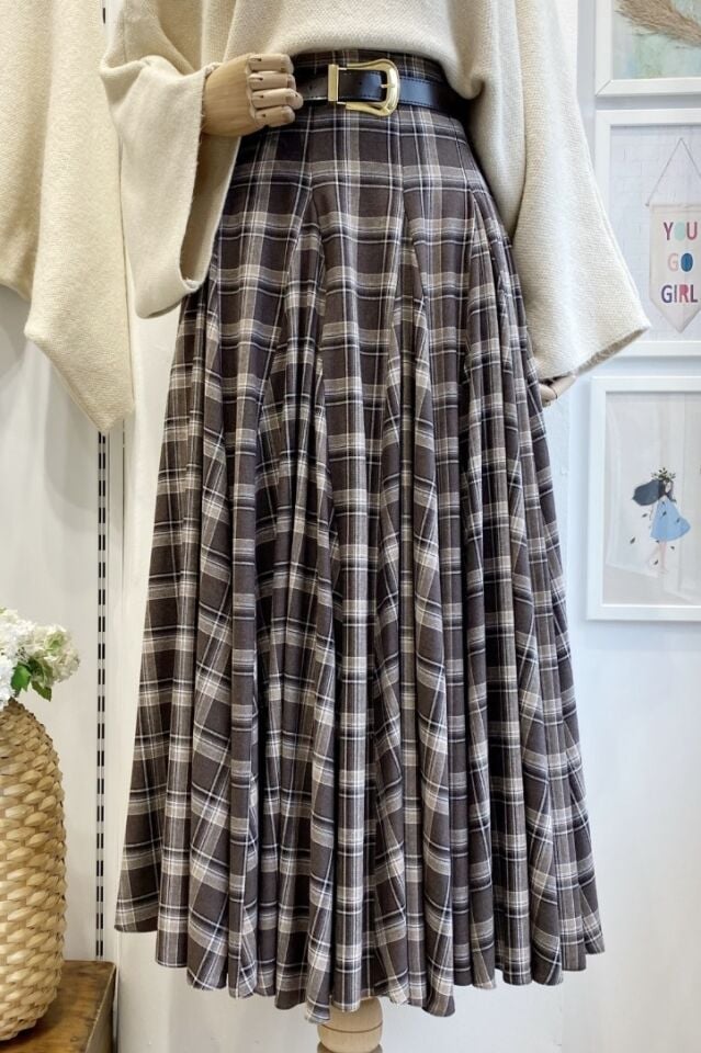 Acı Kahve Deri Kemerli Ekoseli Grazia Etek