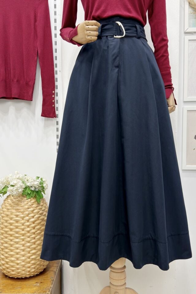 Lacivert Kuşak Detaylı Terra Poplin Etek