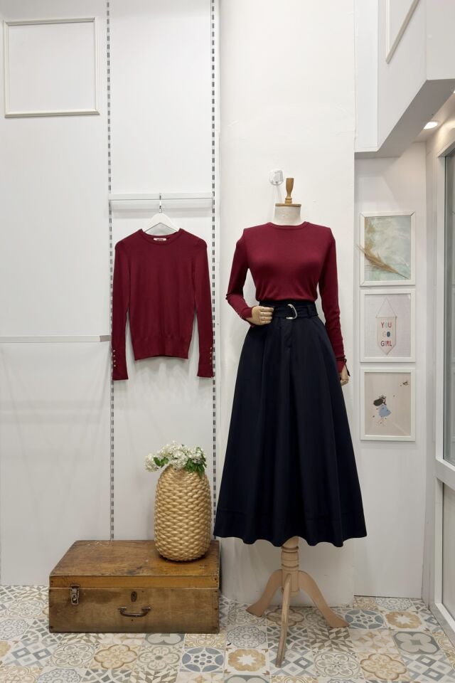 Lacivert Kuşak Detaylı Terra Poplin Etek