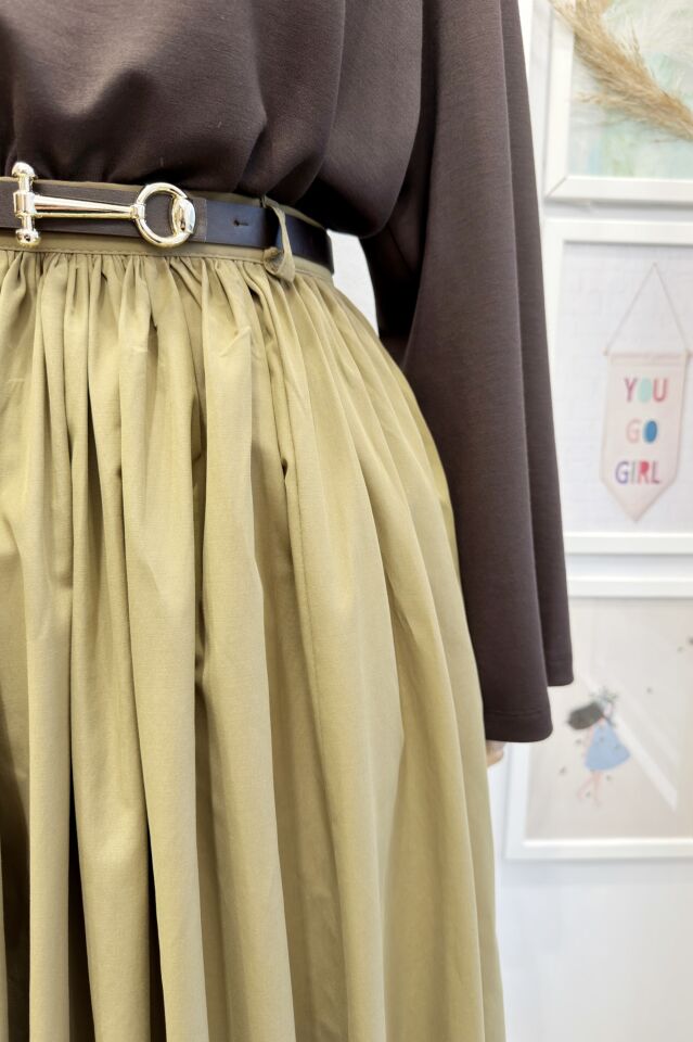 Ihlamur Yeşili Kemerli Sık Pileli Etek