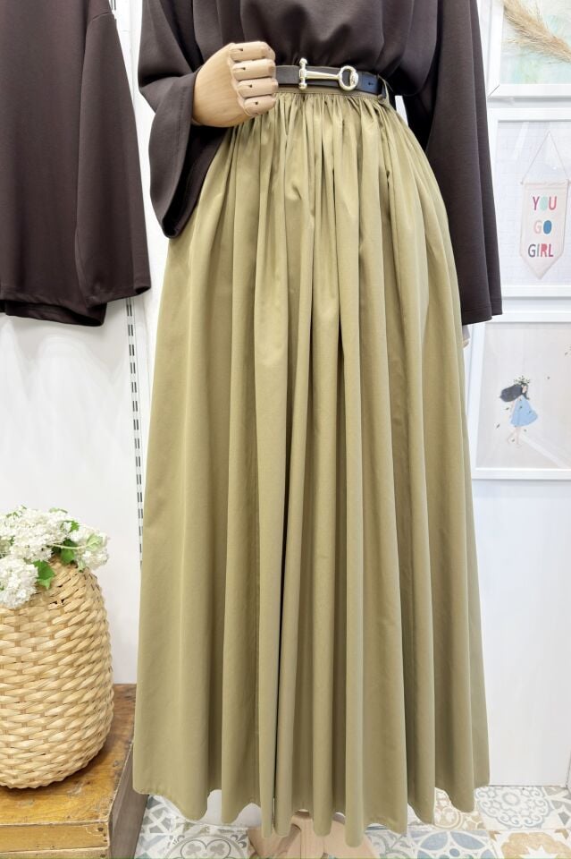 Ihlamur Yeşili Kemerli Sık Pileli Etek