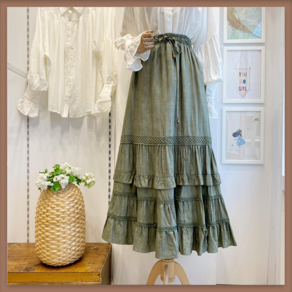 Haki Yeşili Fisto Şeritli Lighter Etek