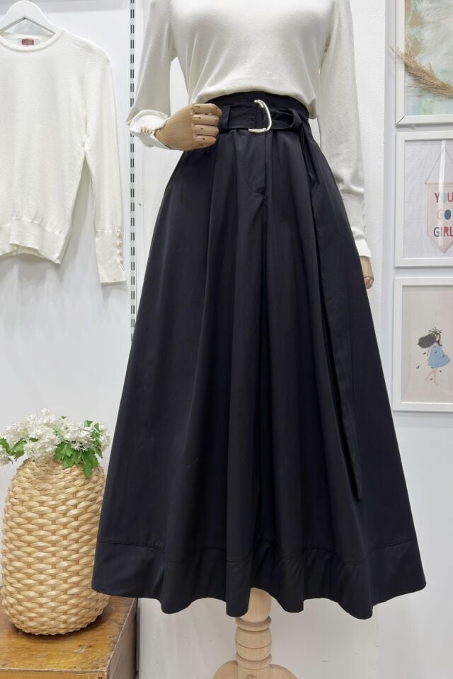 Siyah Kuşak Detaylı Terra Poplin Etek