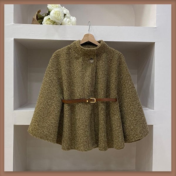 Hardal sarısı deri kemerli yün pelerin ceket