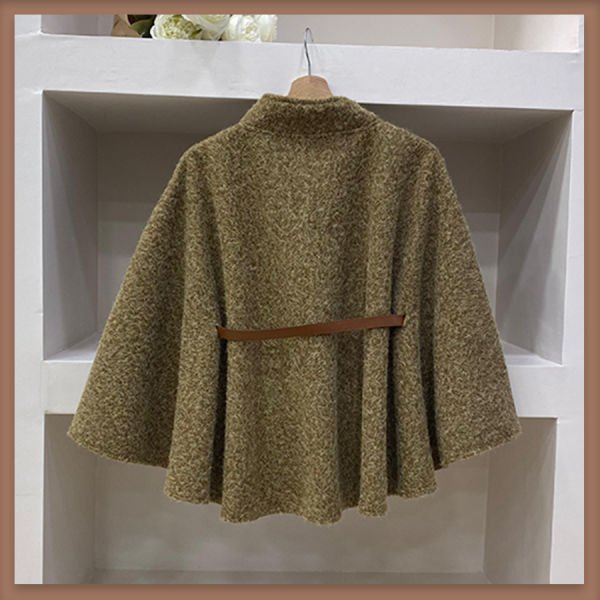 Hardal sarısı deri kemerli yün pelerin ceket