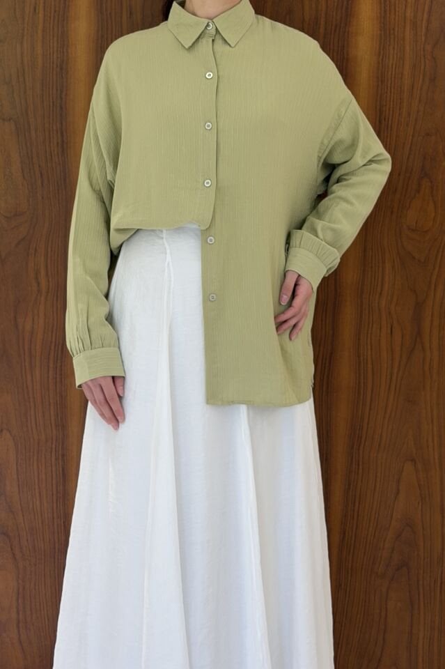 Yeşil Oversize Keten Solvena Gömlek