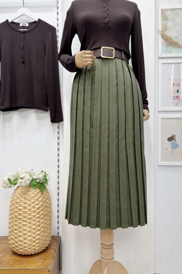 Kemer Detaylı Haki Yeşili Fallow Pileli Etek