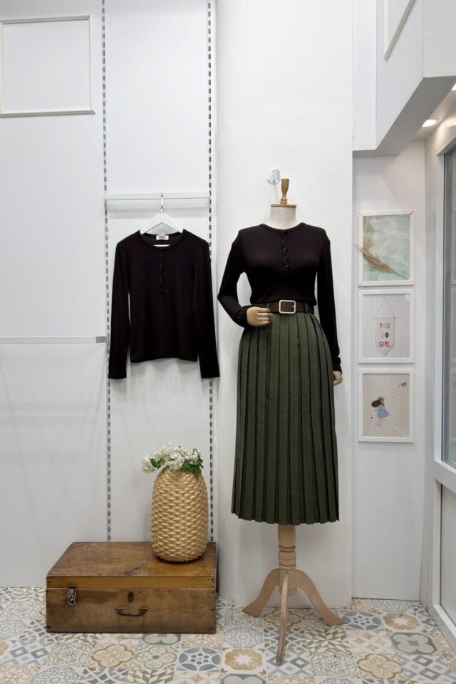 Kemer Detaylı Haki Yeşili Fallow Pileli Etek