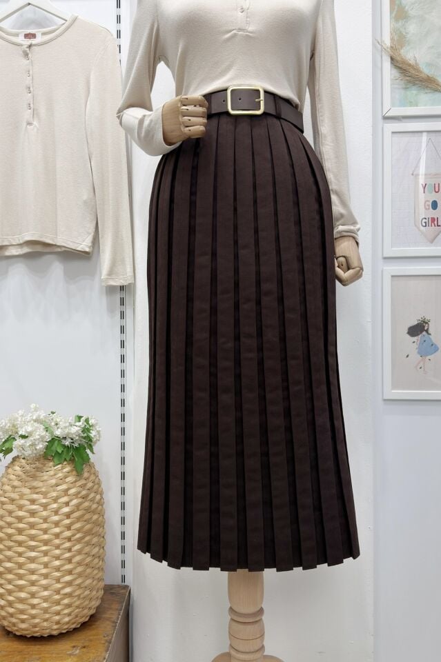 Kemer Detaylı Acı Kahve Fallow Pileli Etek