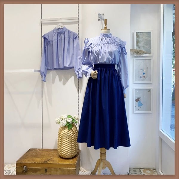 LACİVERT BELİ LASTİKLİ POPLİN ETEK