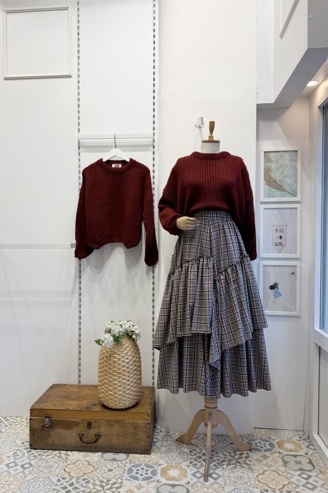 Bordo Çizgi Desenli Ajouter Etek