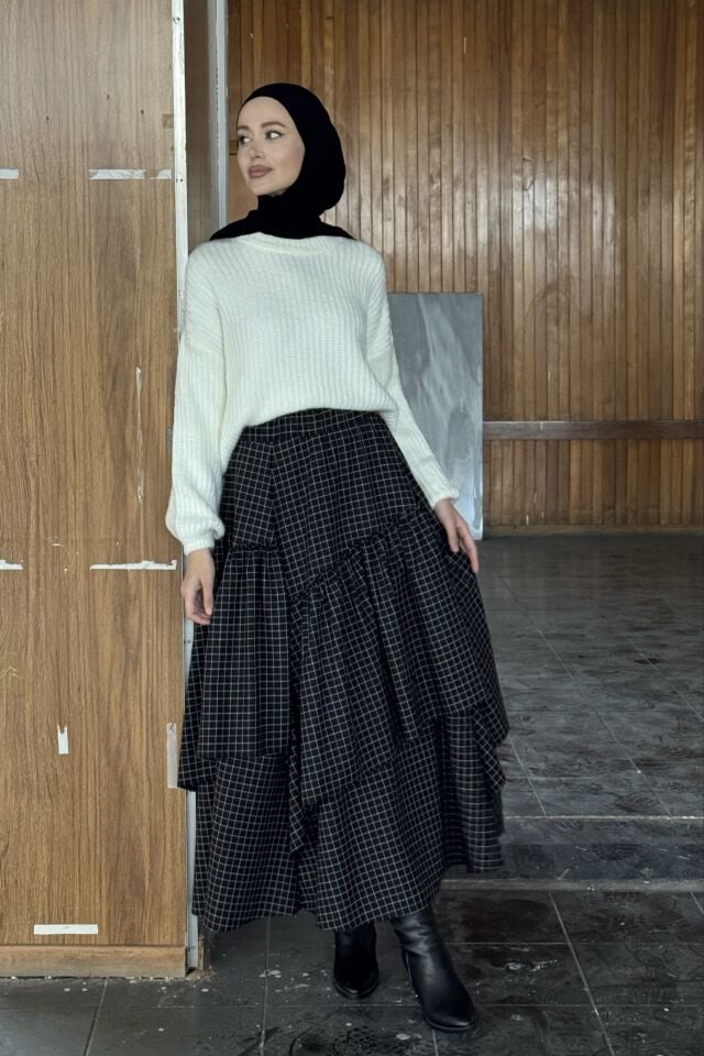 Siyah Kare Çizgili Ajouter Etek