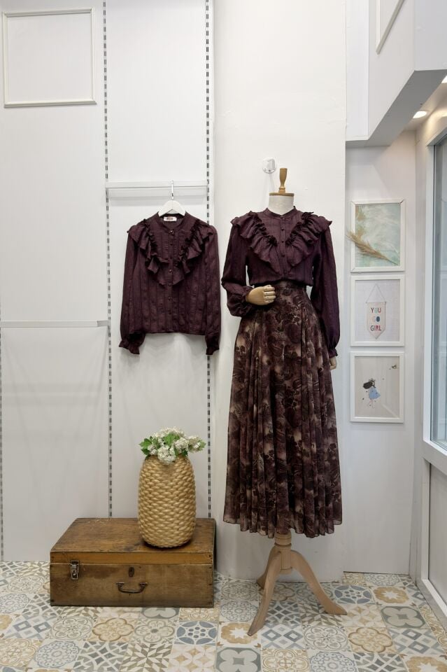 Mürdüm Volanlı Ashley Gofre Gömlek