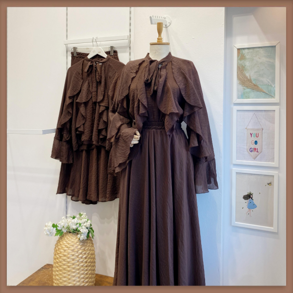 Kahverengi İspanyol Kol Mimosa Şifon Takım