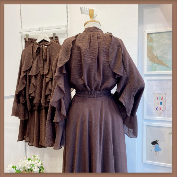 Kahverengi İspanyol Kol Mimosa Şifon Takım