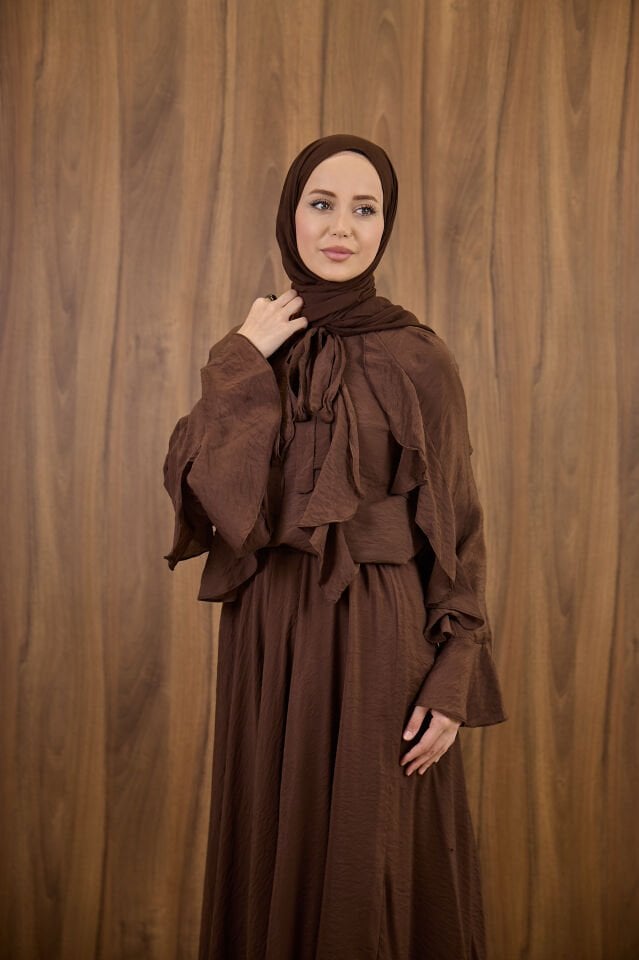 Kahverengi İspanyol Kol Mimosa Şifon Takım