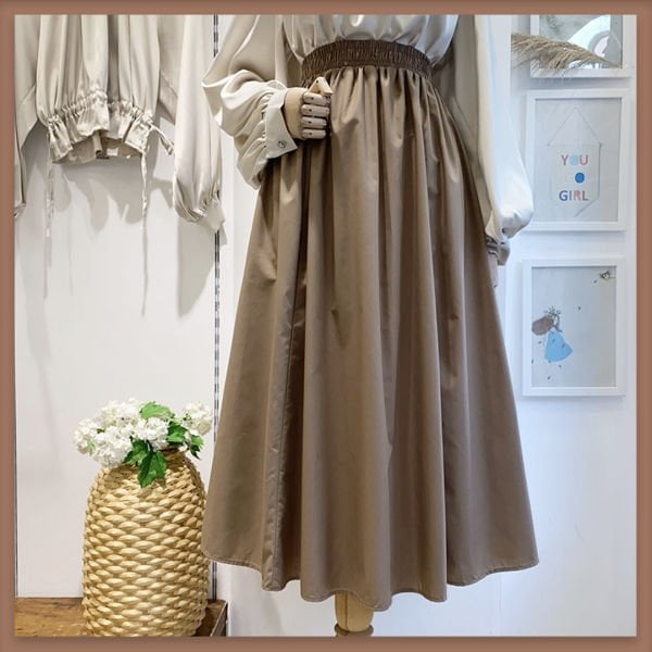 KAHVERENGİ BELİ LASTİKLİ POPLİN ETEK