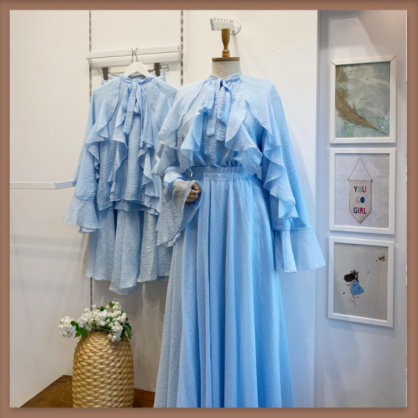 Mavi İspanyol Kol Mimosa Şifon Takım