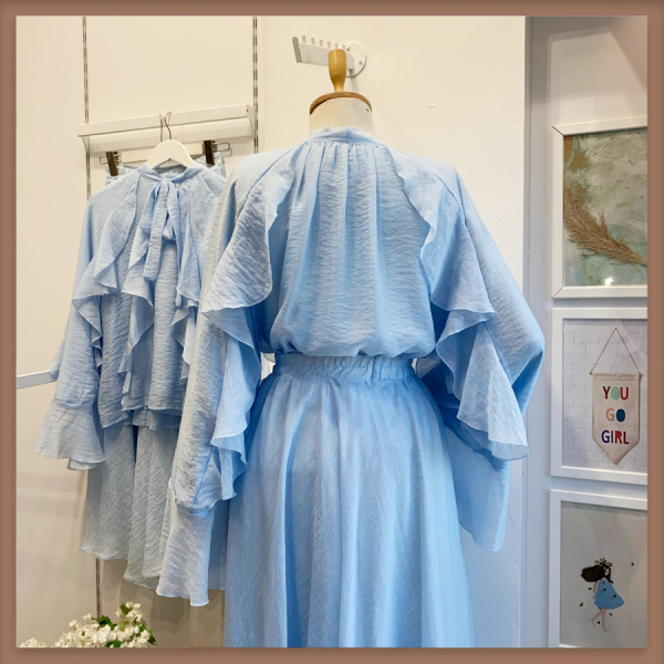 Mavi İspanyol Kol Mimosa Şifon Takım