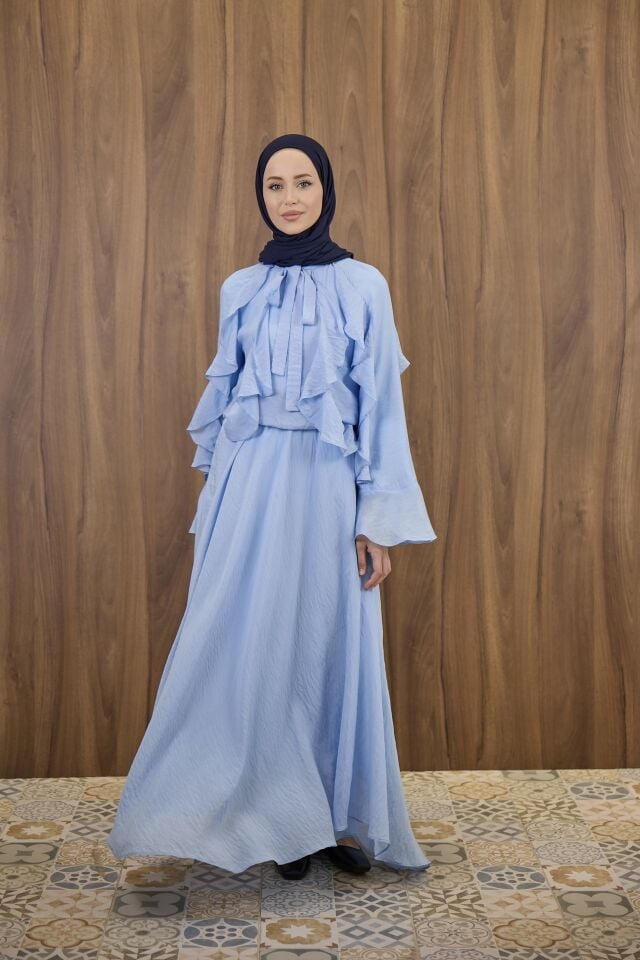 Mavi İspanyol Kol Mimosa Şifon Takım