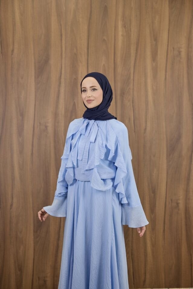 Mavi İspanyol Kol Mimosa Şifon Takım