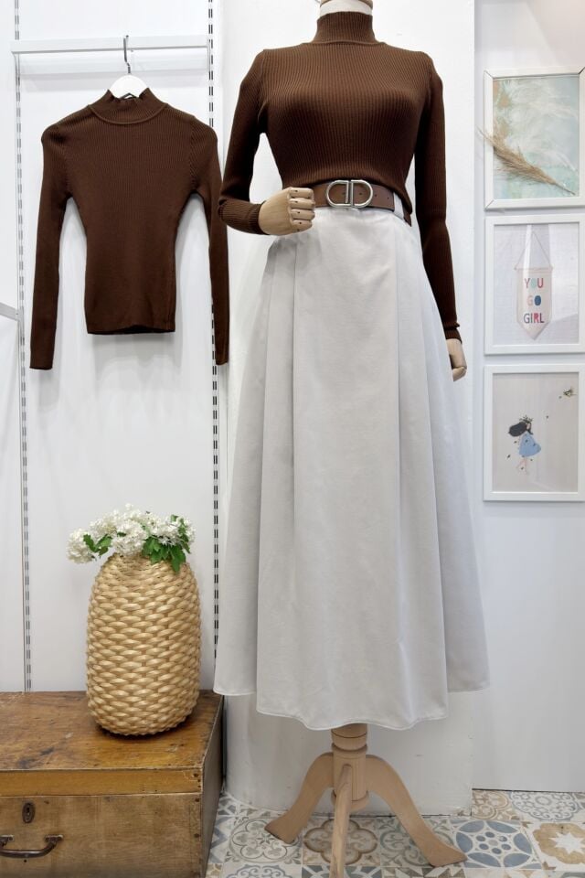 Krem Deri Kemerli Verdant Gabardin Etek