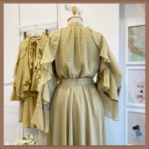 Yağ Yeşili İspanyol Kol Mimosa Şifon Takım