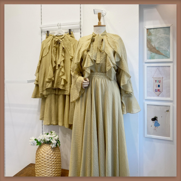 Yağ Yeşili İspanyol Kol Mimosa Şifon Takım