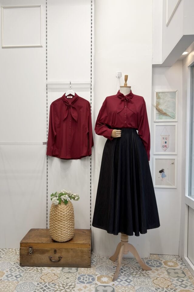 Bordo Fular Detaylı Poplin Gömlek