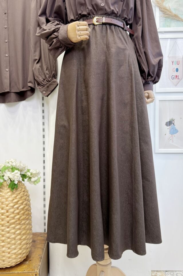 Kahverengi İnce Kemerli Kot Etek