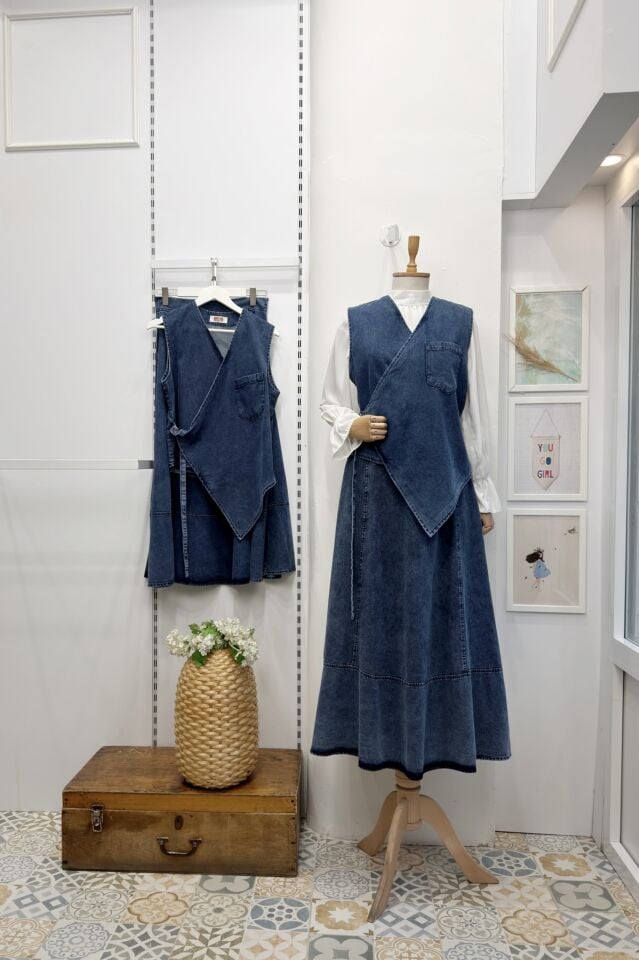 Cep Detaylı Anvelop Yelekli Kot Takım