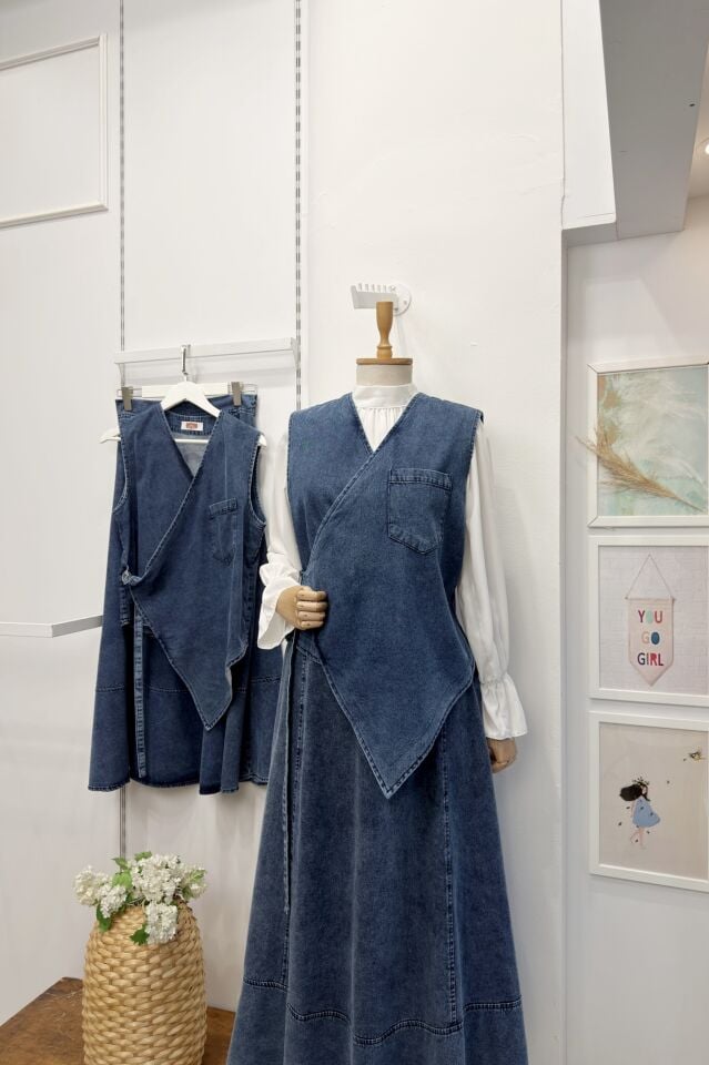 Cep Detaylı Anvelop Yelekli Kot Takım